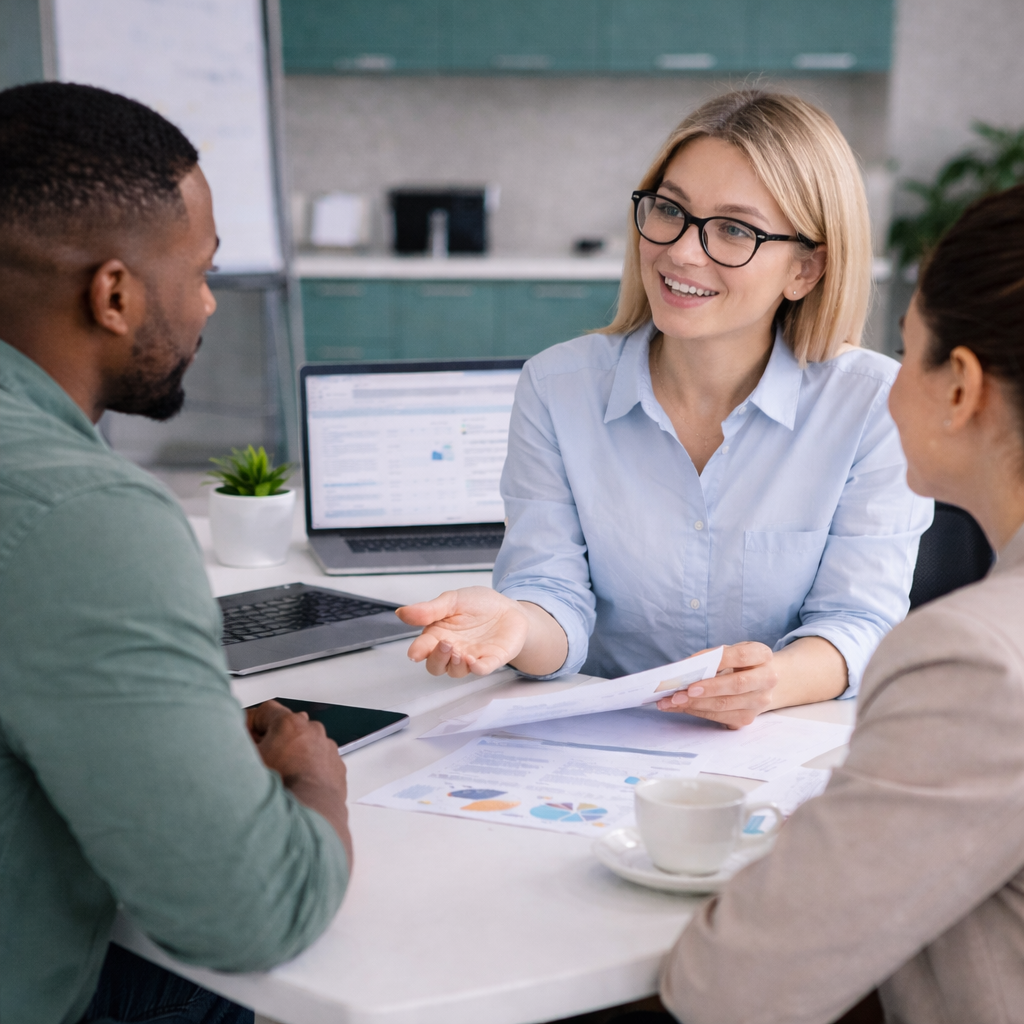 HilDes team member discussing project requirements with clients during a professional consultation for web development, SaaS platforms, AI solutions, and business support services.