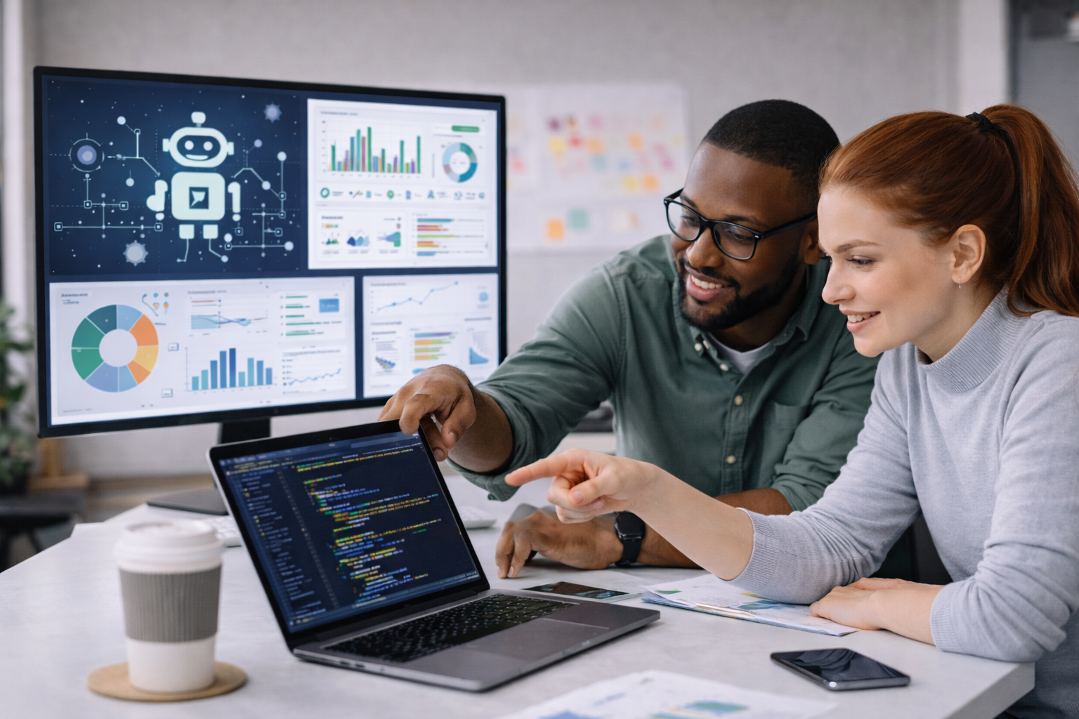 HilDes software developers collaborating on web development, coding, AI solutions, and digital product development in a modern office workspace.