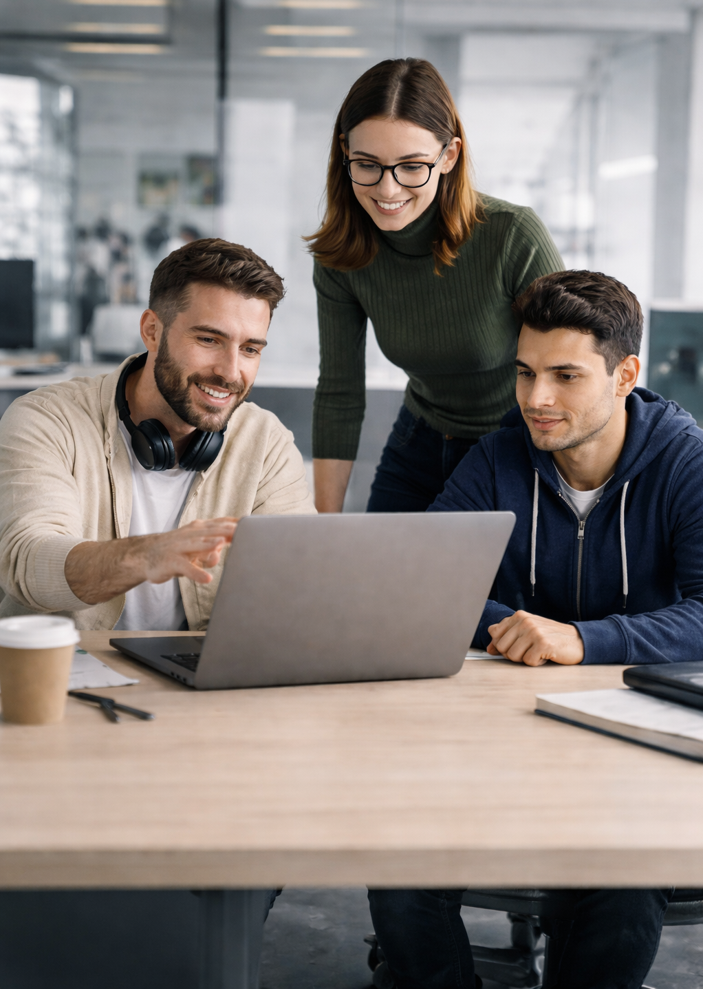HilDes expert team providing AI development, DevOps solutions, web development, and mobile app development services while collaborating in a modern workspace.