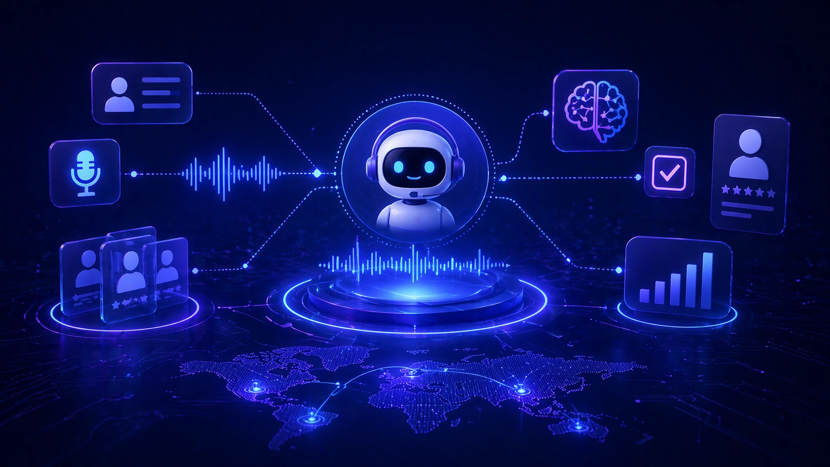 HilDes AI voice interview system illustration featuring autonomous candidate screening, intelligent voice interviews, real-time AI evaluation, hiring automation, and scalable recruitment technology platform.