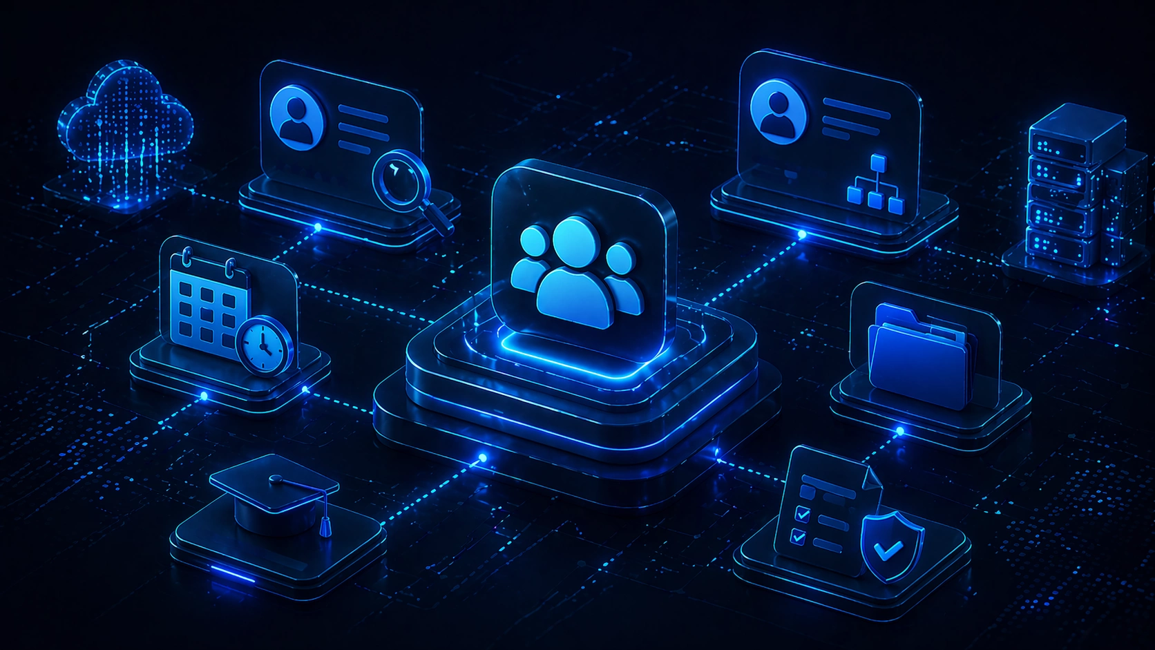 HilDes enterprise HR platform illustration featuring scalable people management system, ATS recruitment tools, attendance tracking, LMS modules, employee records, and secure digital HR infrastructure.