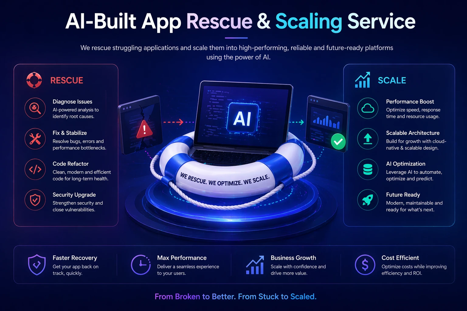 HilDes AI-built app rescue and scaling illustration featuring broken application recovery, performance optimization, scalable software upgrades, code stabilization, and production-ready digital transformation solutions.