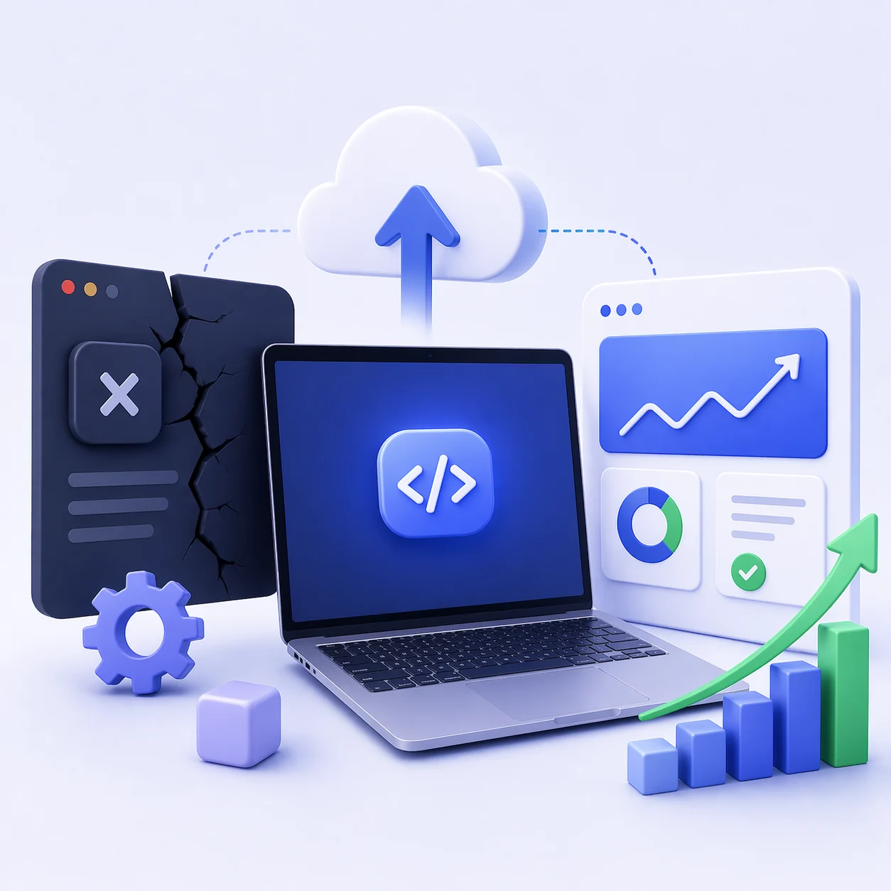 HilDes application rescue illustration featuring broken app repair, AI-built software optimization, production-ready scaling, performance upgrades, and modern business technology solutions.