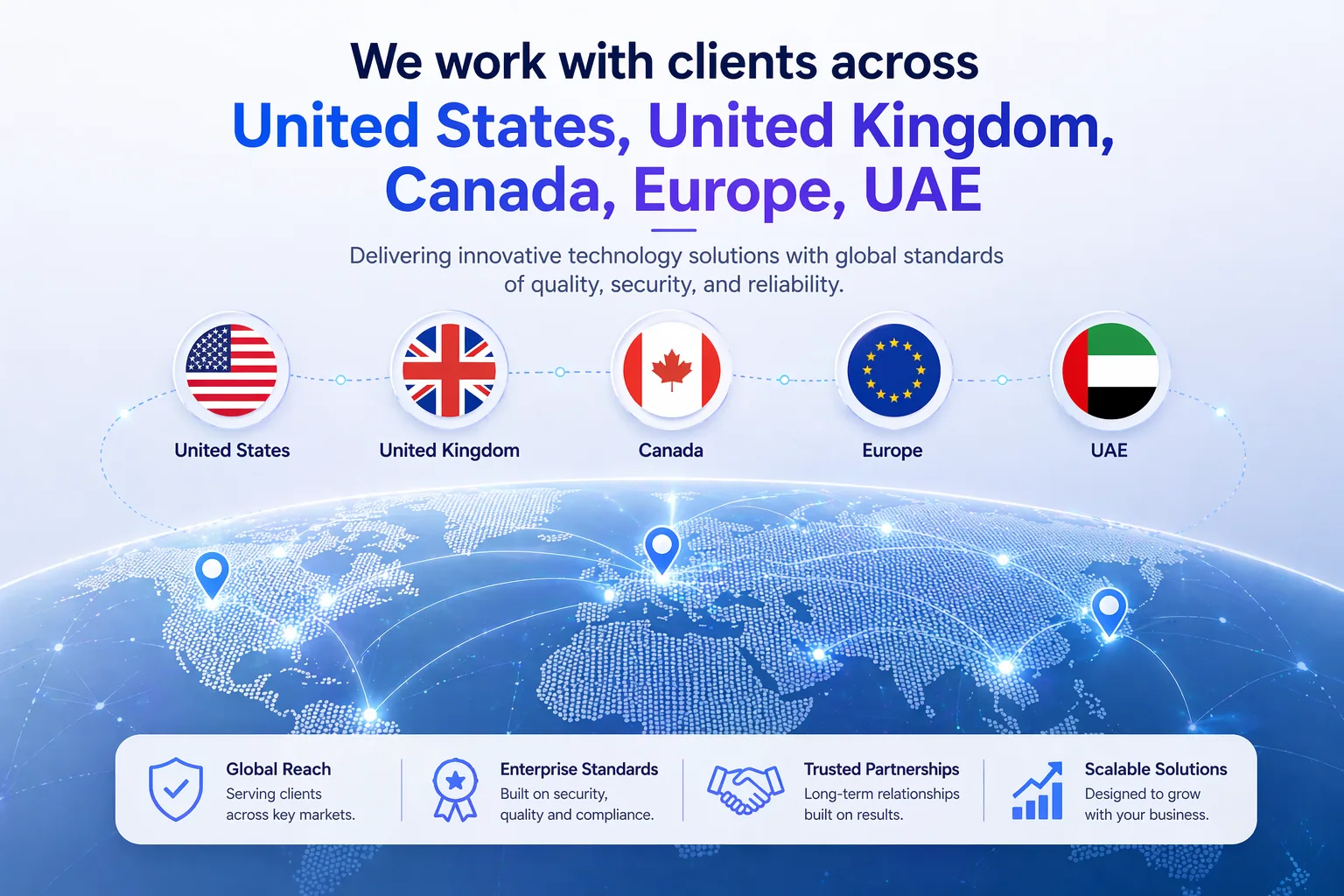 HilDes global client markets illustration featuring business services for United States, United Kingdom, Canada, Europe, and UAE with connected international digital growth solutions.