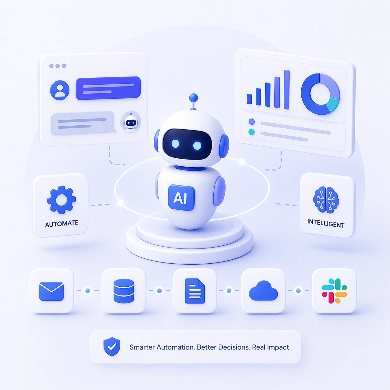 HilDes AI automation illustration featuring intelligent agents, business workflow automation, chatbot systems, analytics dashboards, and smart AI solutions for modern business operations.