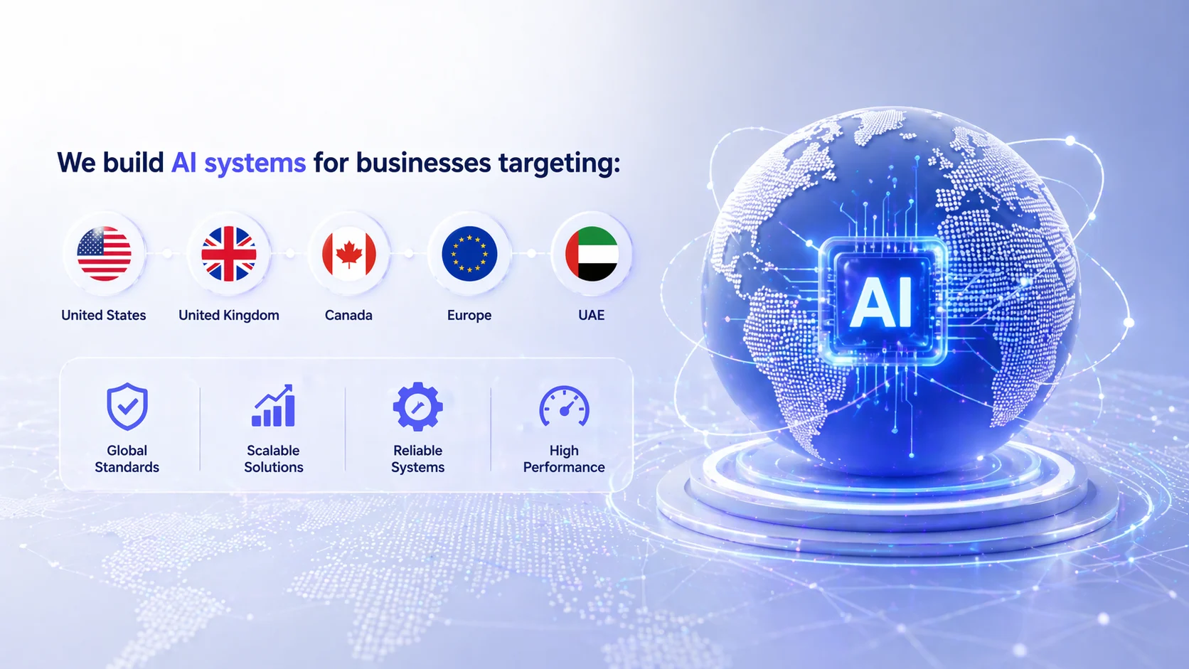 HilDes global AI solutions illustration featuring intelligent business systems for United States, United Kingdom, Canada, Europe, and UAE markets with scalable reliable AI technology.