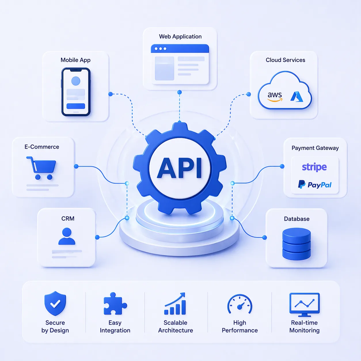 HilDes API development illustration featuring seamless system integrations, scalable digital ecosystems, cloud connectivity, secure data exchange, and modern business automation solutions.