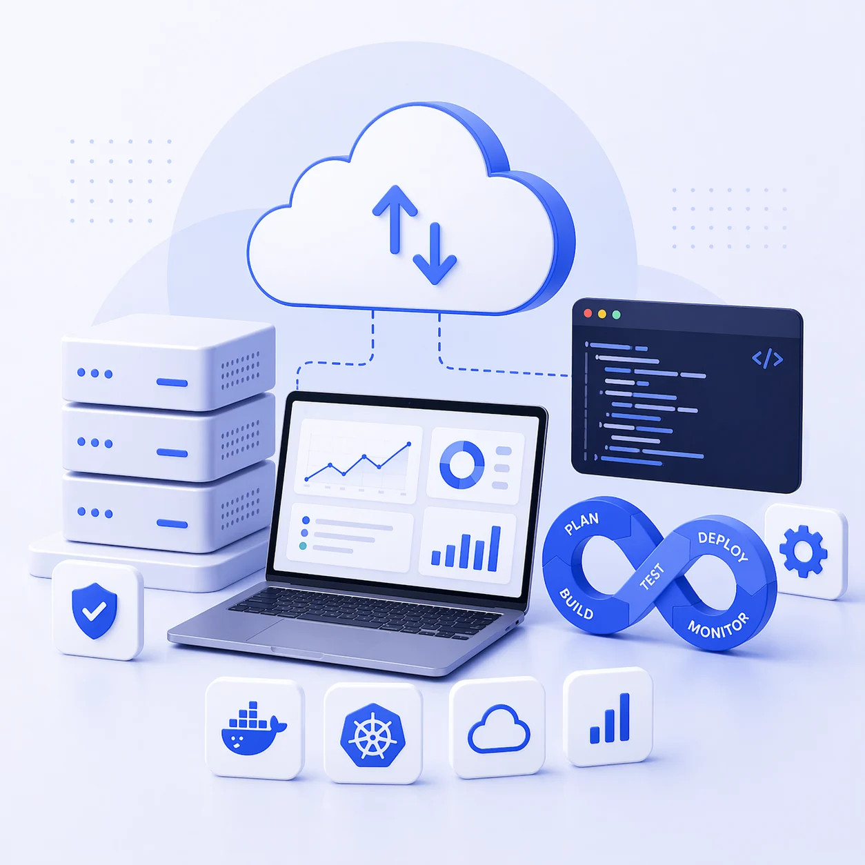 HilDes cloud and DevOps solutions illustration featuring scalable infrastructure, CI/CD automation, secure cloud deployment, server performance monitoring, and modern high-performance application systems.