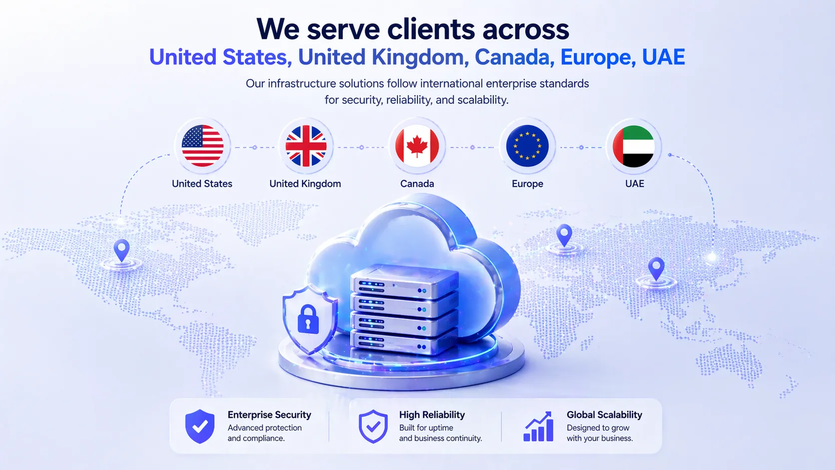 HilDes global cloud infrastructure illustration featuring secure enterprise servers for United States, United Kingdom, Canada, Europe, and UAE markets with scalable reliable deployment solutions.
