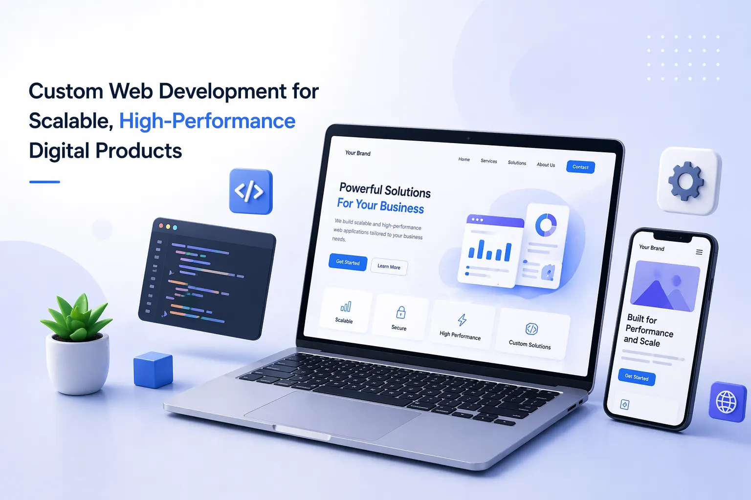 HilDes custom web development banner showcasing scalable high-performance digital products, responsive websites, UI design, coding solutions, and modern business technology.