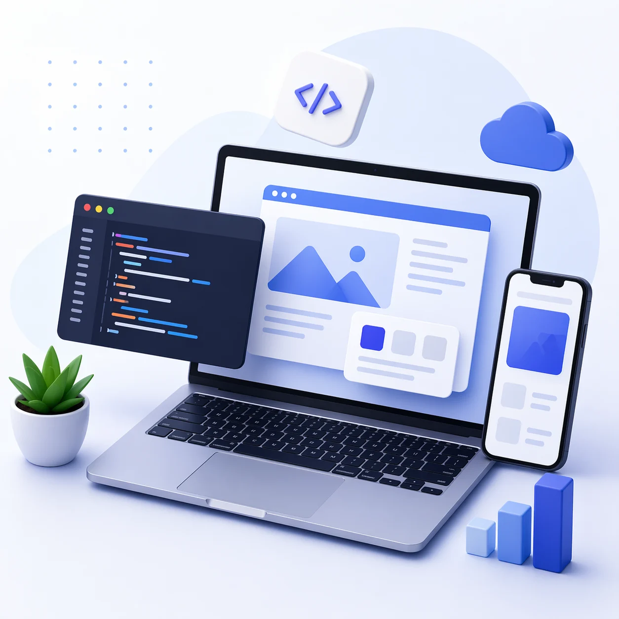 HilDes custom web development graphic illustration featuring scalable digital products, responsive web applications, coding interface, mobile design, and modern business technology solutions.