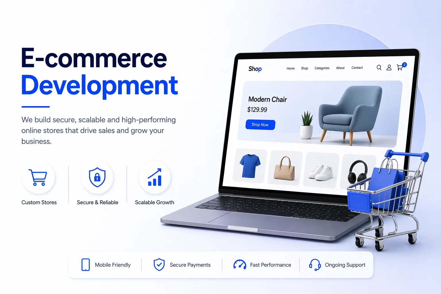 HilDes e-commerce development illustration featuring scalable online store design, secure shopping platform, laptop storefront interface, cart concept, and high-performance digital commerce solutions.