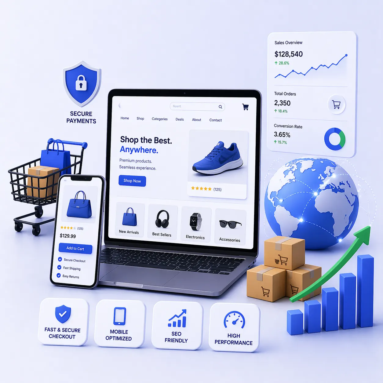 HilDes e-commerce development illustration featuring scalable online store platform, secure payments, global sales growth, mobile shopping experience, and high-performance digital commerce solutions.