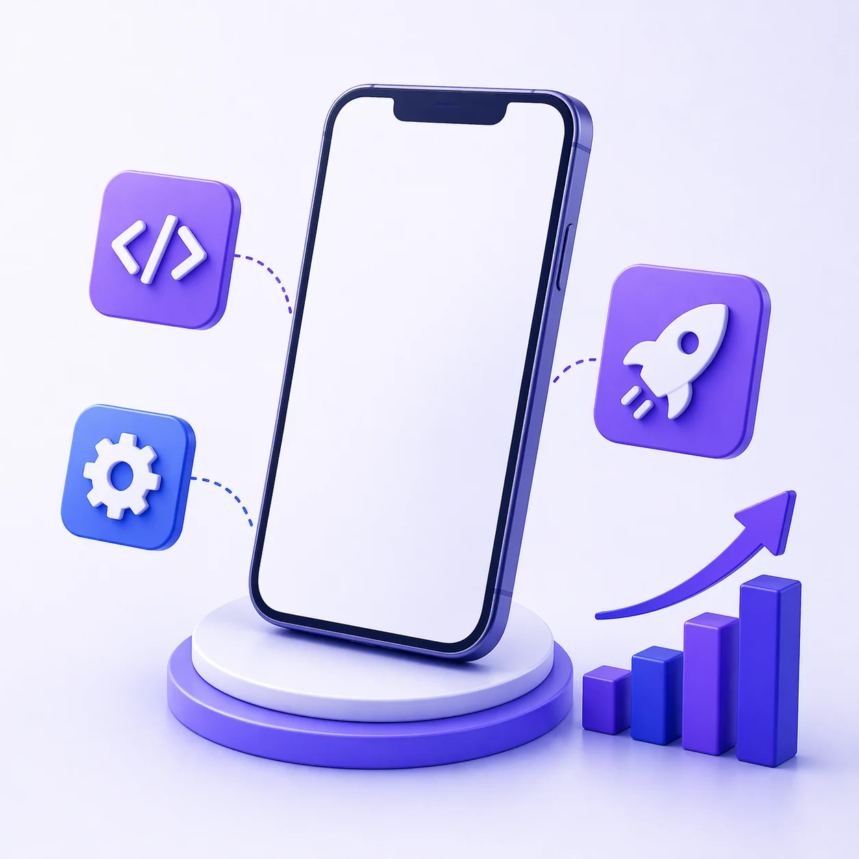 HilDes mobile app development illustration featuring high-performance smartphone applications, scalable digital products, app growth analytics, coding tools, and modern mobile technology solutions.