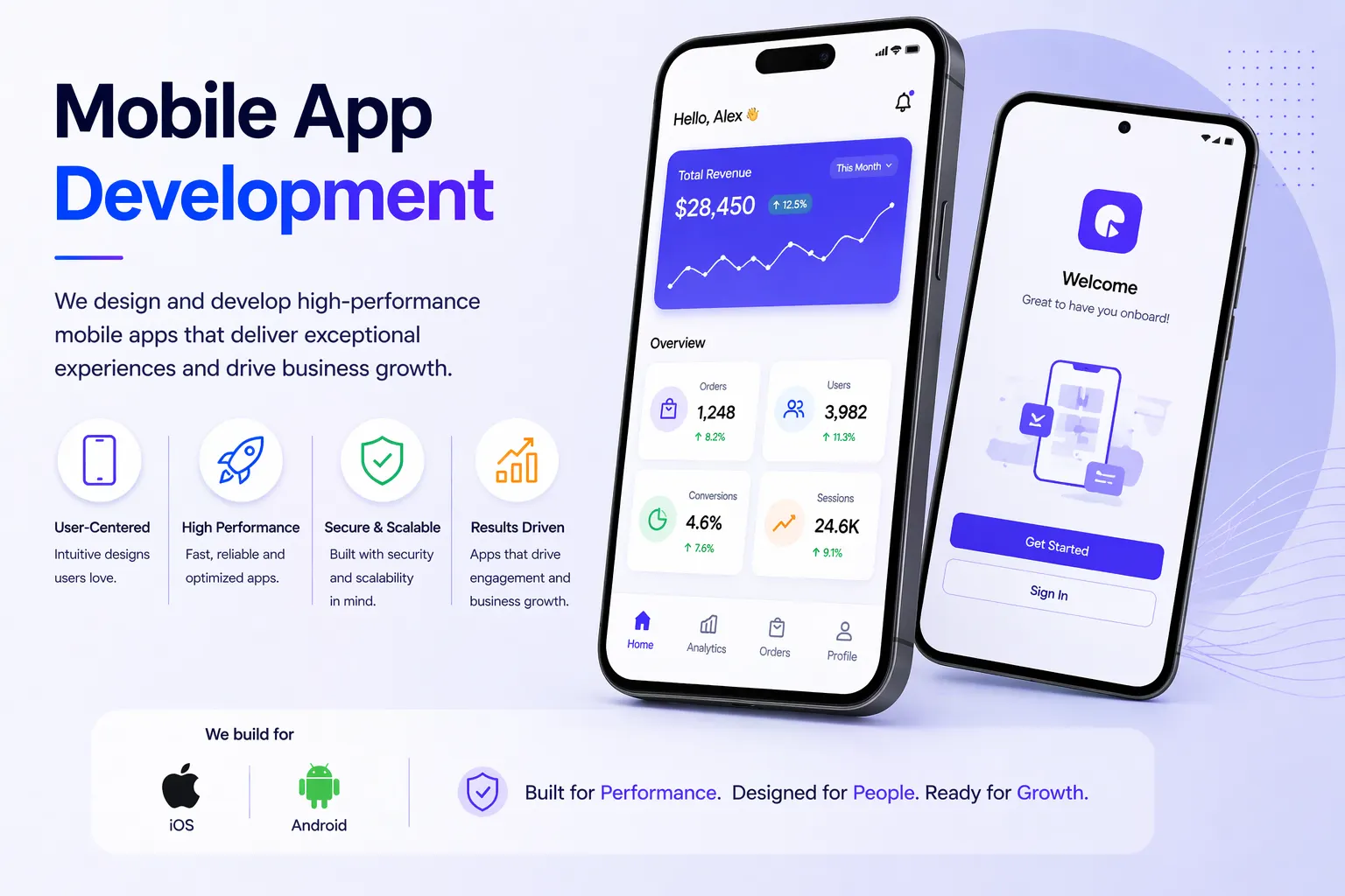 HilDes mobile app development illustration featuring modern iOS and Android app interfaces, smartphone mockups, high-performance dashboards, secure scalable mobile solutions, and user-focused digital experiences.