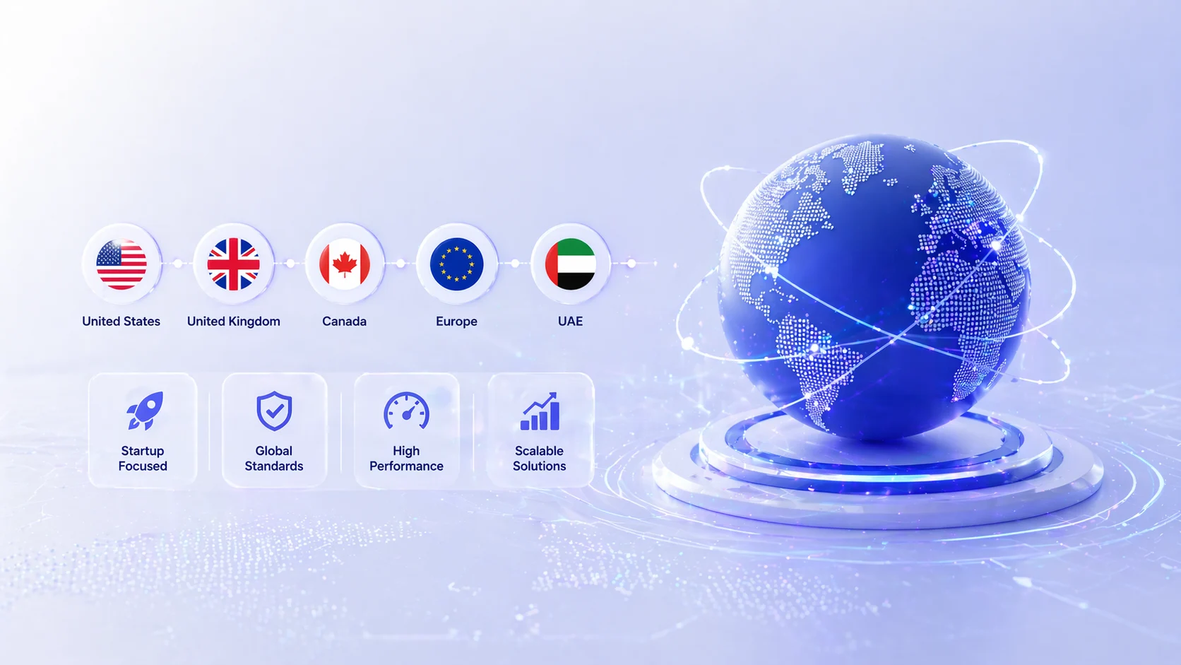 HilDes global MVP development illustration featuring startup product launch for United States, United Kingdom, Canada, Europe, and UAE markets with scalable digital growth solutions.