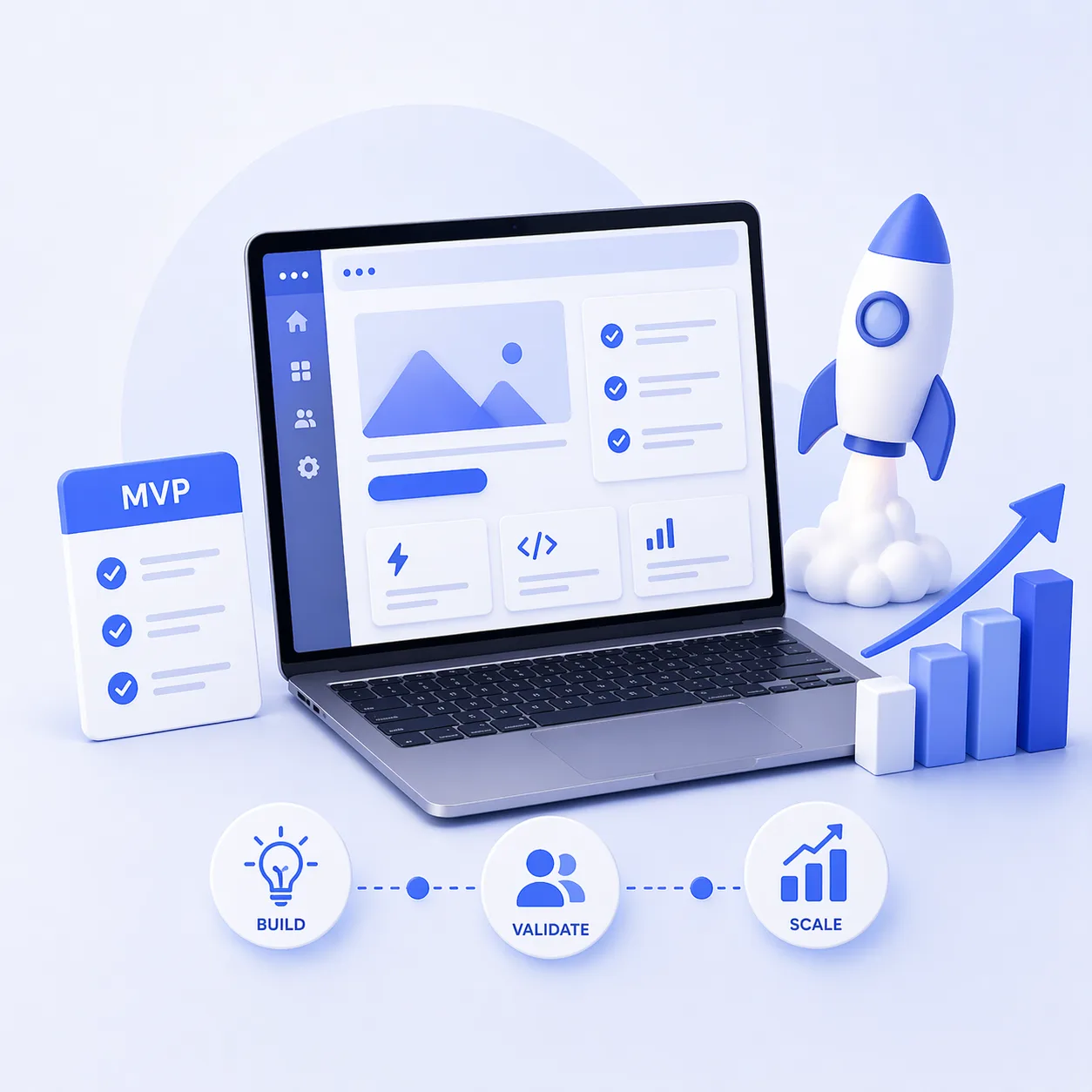 HilDes MVP launch illustration featuring fast product development, startup validation, scalable SaaS growth, performance analytics, and modern digital product solutions.