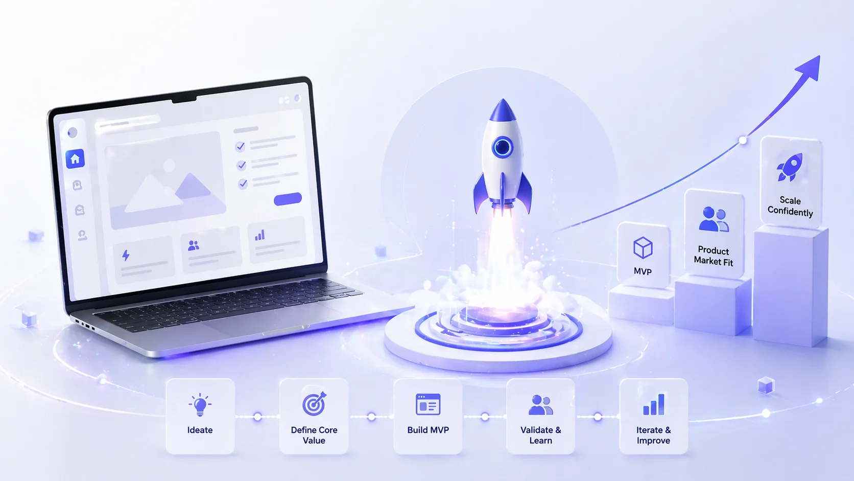 HilDes MVP development banner illustration featuring fast product launch, startup validation, scalable SaaS growth, digital product strategy, rocket launch concept, and modern business technology solutions.
