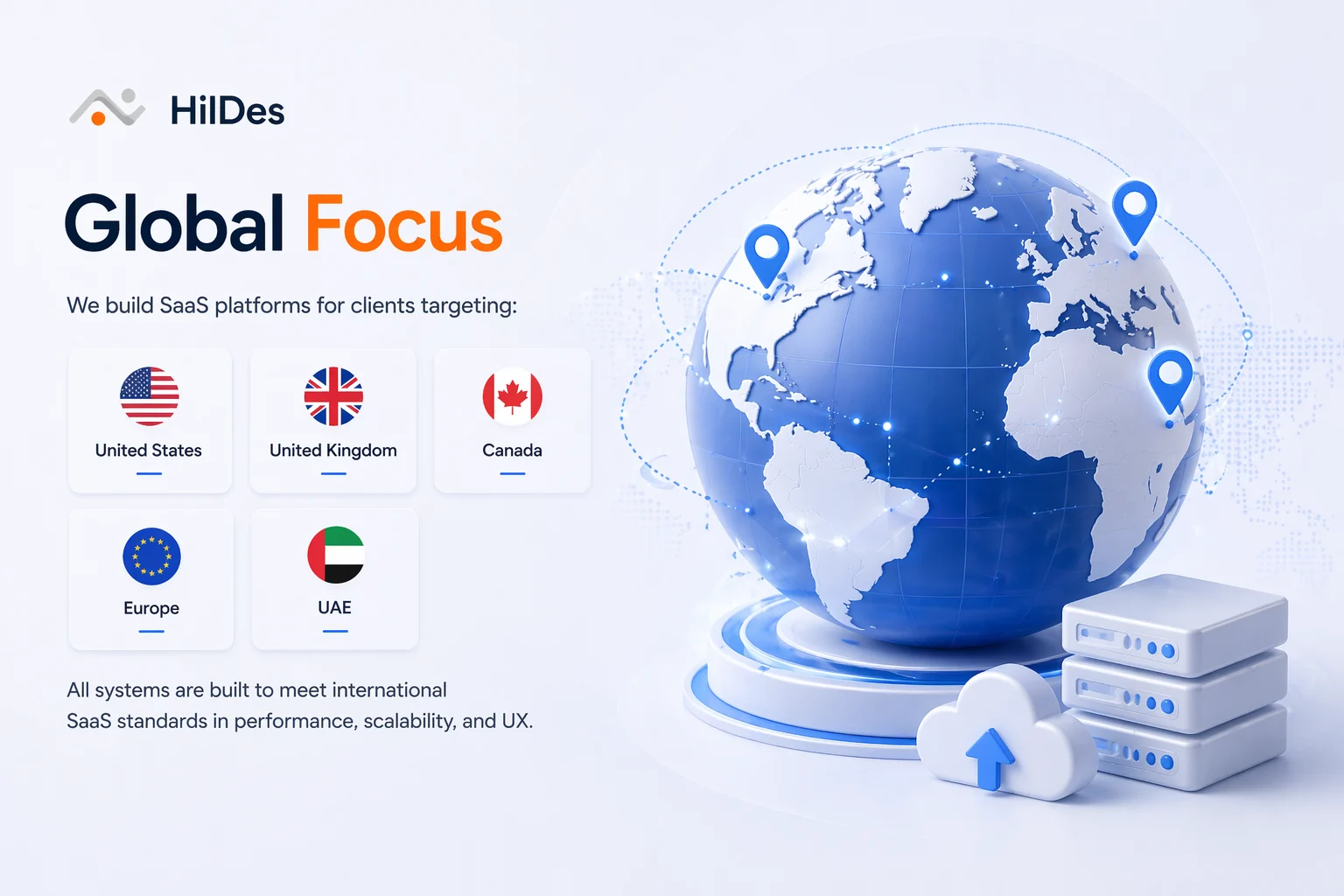 HilDes global SaaS focus banner showing worldwide software solutions, cloud platforms, and international business expansion across USA, UK, Canada, Europe, and UAE.
