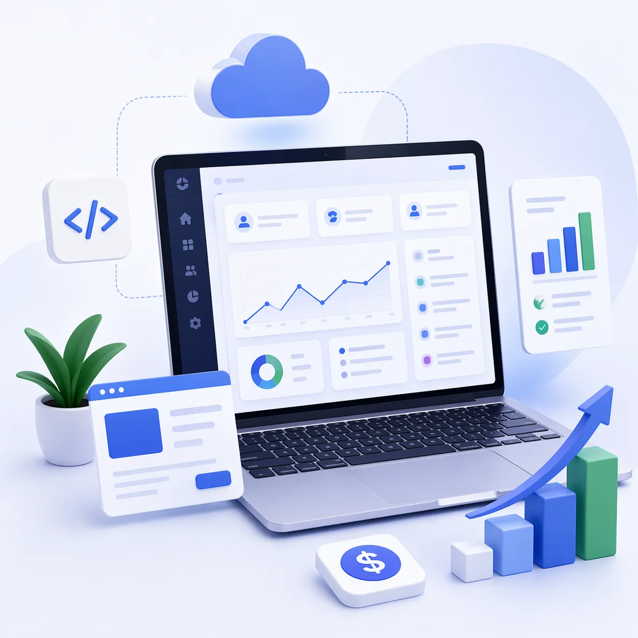 HilDes scalable SaaS products illustration featuring cloud software platform, revenue growth analytics, subscription dashboard, business automation, and modern SaaS technology solutions.