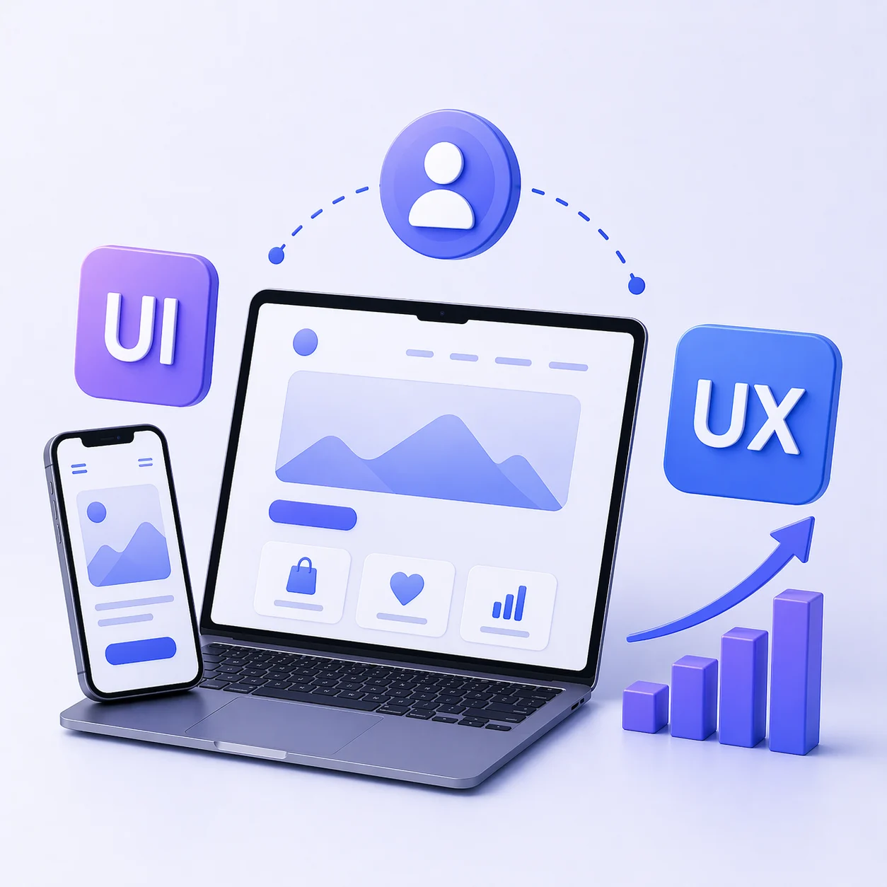 HilDes UI UX design illustration featuring user-centered interfaces, mobile responsive design, conversion growth analytics, engagement optimization, and modern digital product experience solutions.